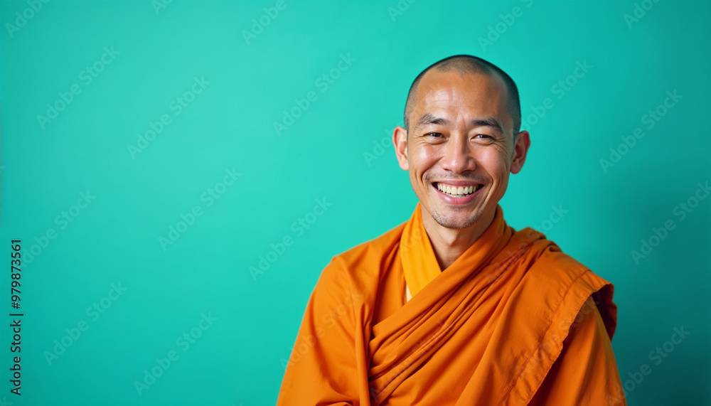 Friendly portrait of a Buddhist monk in orange robes against a vibrant teal background, with soft lighting highlighting his serene expression.
Friendly portrait of a Buddhist monk in orange robes against a vibrant teal background, with soft lighting highlighting his serene expression.