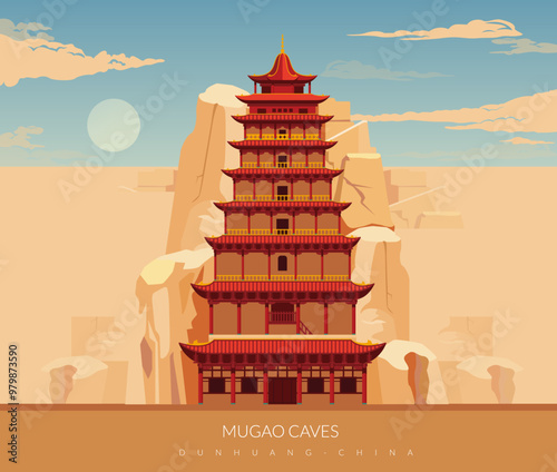 The Mogao Caves - the Thousand Buddha Grottoes - Dunghuang, Gansu in China - Stock Illustration