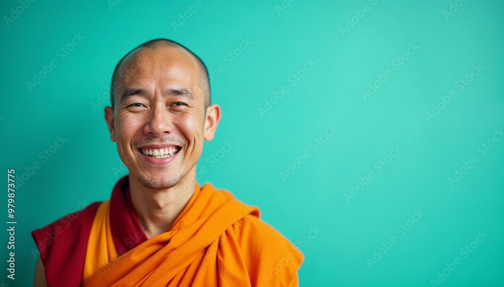 Fototapeta premium Friendly portrait of a Buddhist monk in orange robes against a vibrant teal background, with soft lighting highlighting his serene expression.