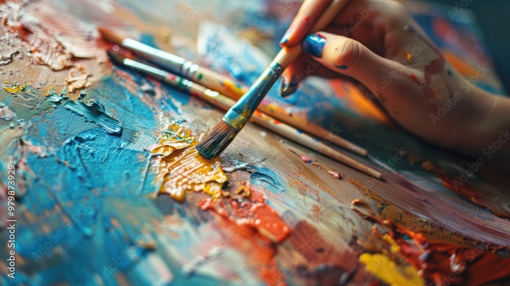 Craft Art Process Artist Using Paint Brushes on Wood Background Craft Art Process Artist Using Paint Brushes on Wood Background