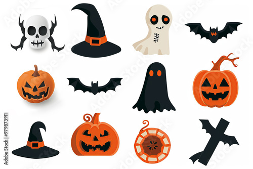 An illustration with a set cheerful pictures on the theme of Halloween. It features pumpkins with smiles, ghosts, bats, witch hats, lanterns and a torch. photo