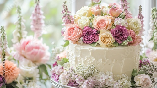 A vintage-style birthday cake with buttercream roses, surrounded by a ring of classic garden flowers like peonies, hydrangeas, and foxgloves