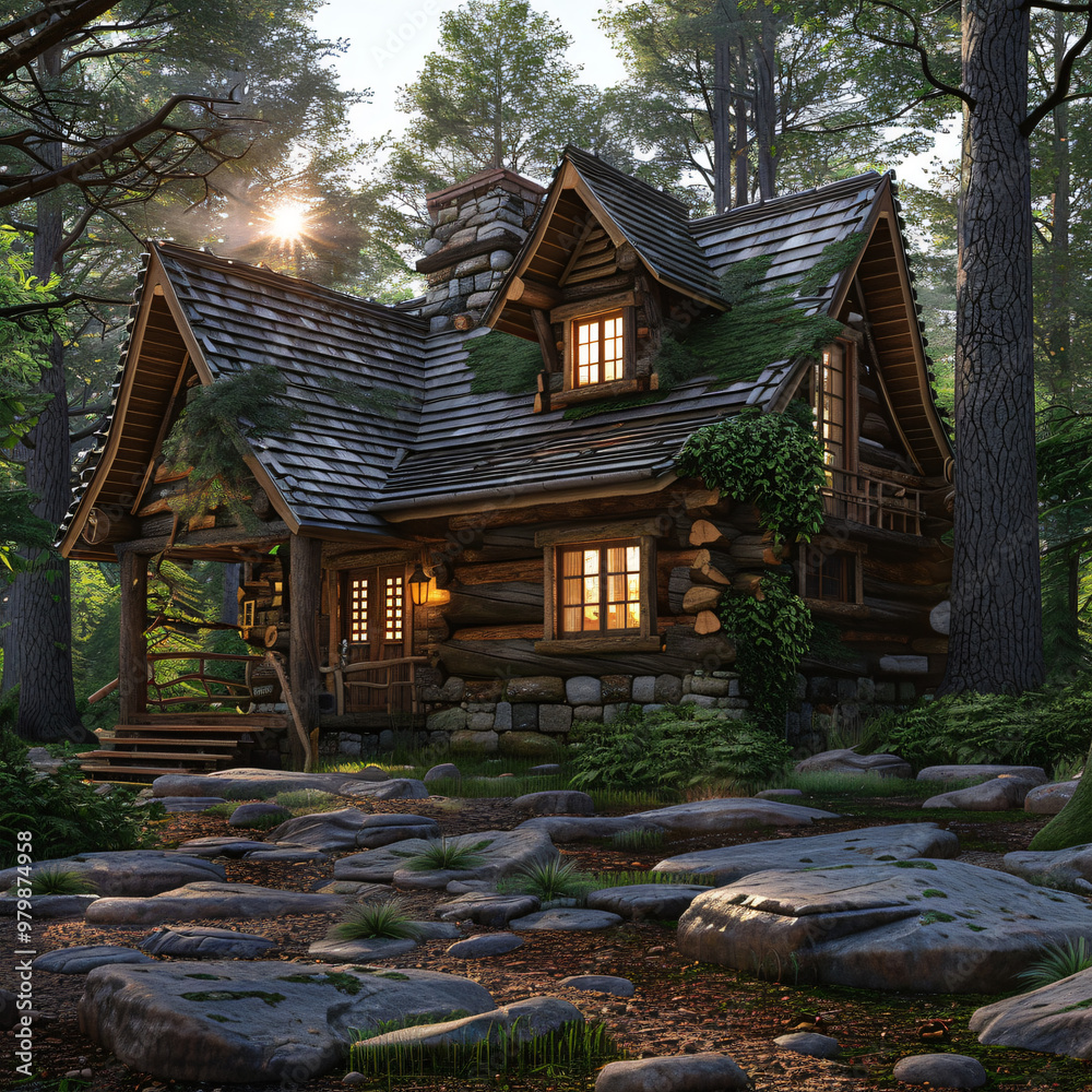 Obraz premium Secluded Wooden Lodge Oasis Surrounded by Lush Pine Trees