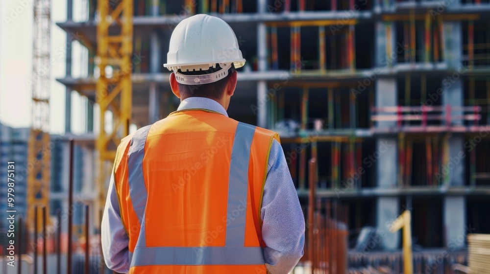 A man in a construction site wearing a safety vest and a hard hat A man in a construction site wearing a safety vest and a hard hat