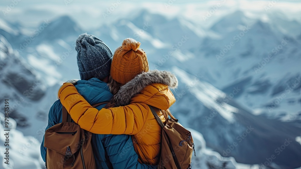 A couple is hugging each other while wearing warm winter gear and backpacks A couple is hugging each other while wearing warm winter gear and backpacks