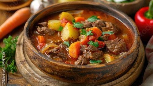 A bowl of stew with meat and vegetables photo