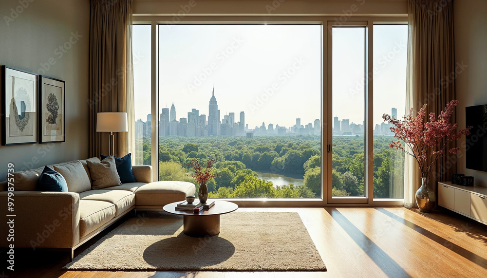 Fototapeta premium Elegant room with floor-to-ceiling window showcasing Central Park’s lush greenery.