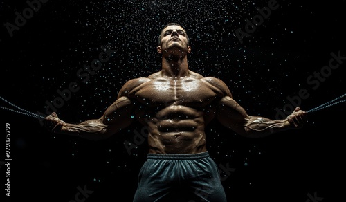 A man in sportswear jumping rope with intensity and focus against a dark background, showcasing strength and athleticism