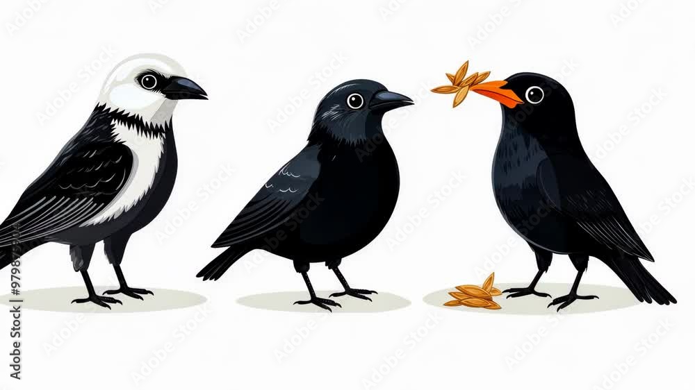 Birds foraging in nature: blackbirds interacting and exploring during the early morning hours Birds foraging in nature: blackbirds interacting and exploring during the early morning hours