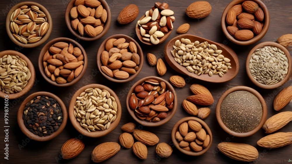 Rustic and Hyper-Realistic Image of Nuts and Seeds in Wooden Bowls – Almonds, Walnuts, Chia, Flax, Sunflower Seeds on Neutral Fabric Background Rustic and Hyper-Realistic Image of Nuts and Seeds in Wooden Bowls – Almonds, Walnuts, Chia, Flax, Sunflower Seeds on Neutral Fabric Background