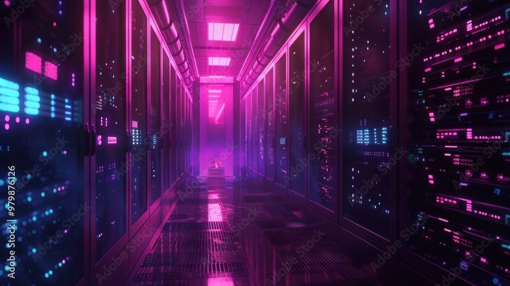 A long blue hallway with neon lights and a door in the middle A long blue hallway with neon lights and a door in the middle