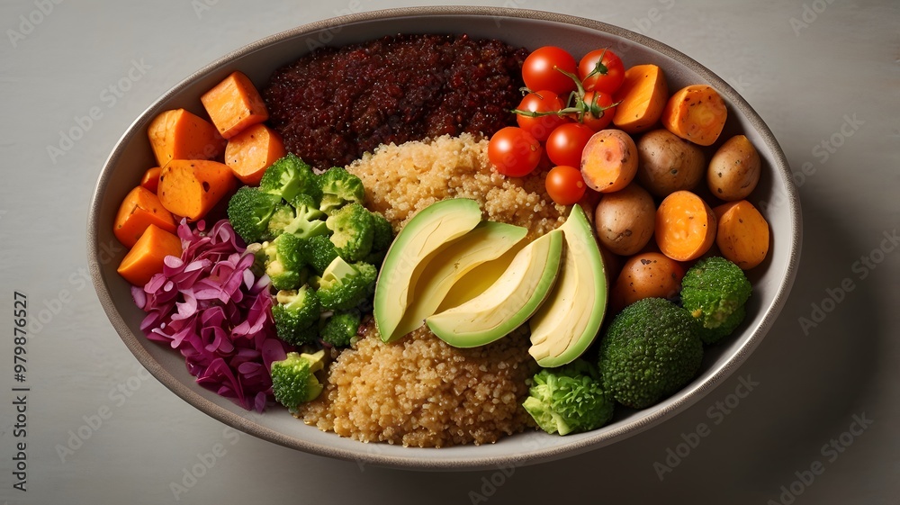 Close-Up of Quinoa Bowl with Fresh Vegetables: Avocado, Sweet Potatoes, Broccoli, and Cherry Tomatoes