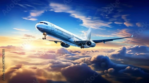 White passenger airplane flying in the sky amazing clouds in the background