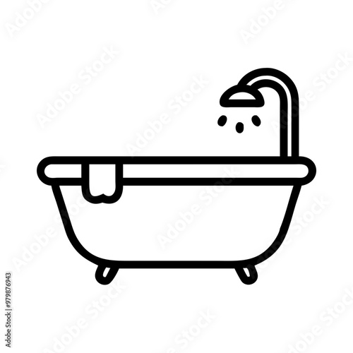 Bathtub with shower icon, black line style with copy space