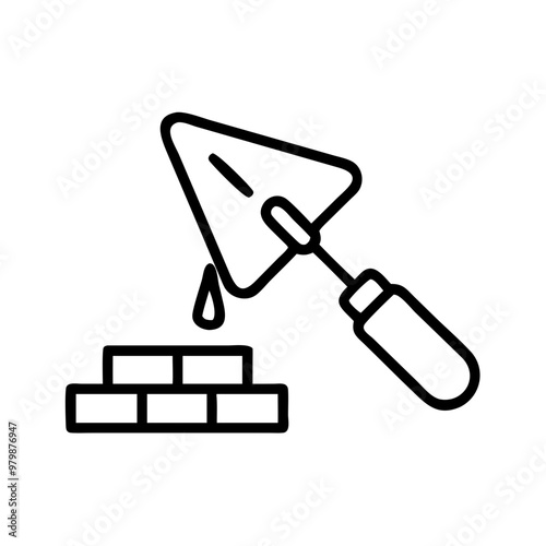 Trowel with bricks icon, black line style with copy space