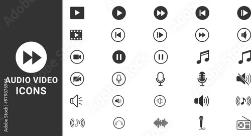 Audio Video Icons  set. music, sound and cinema icon set, interface multimedia symbols video Simple vector illustration.