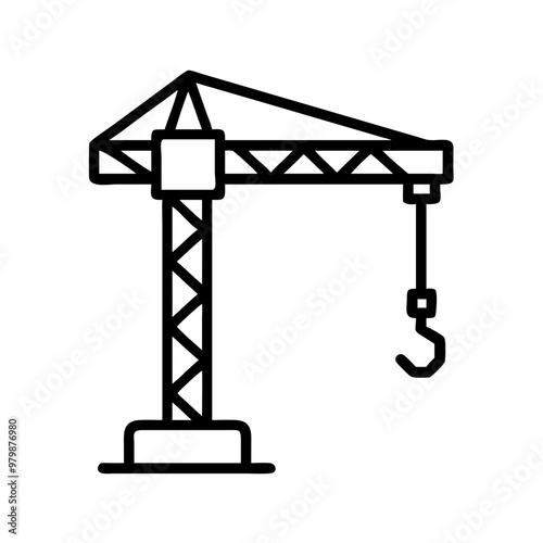 Construction crane icon, black line style with copy space