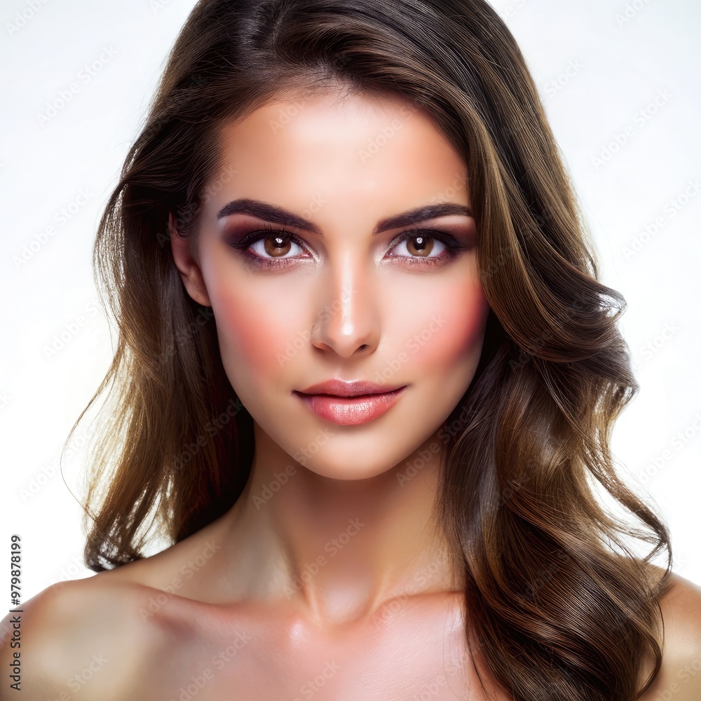 Elegant woman with shiny dark brown hair and clear skin on a soft background. Generative AI Elegant woman with shiny dark brown hair and clear skin on a soft background. Generative AI