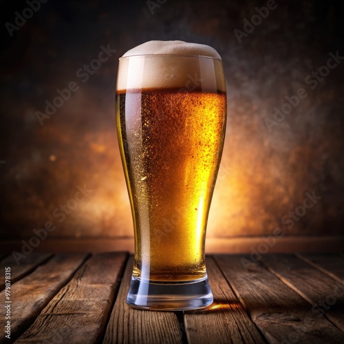 Golden beer served in a clear glass on a wooden bar countertop at sunset. Generative AI