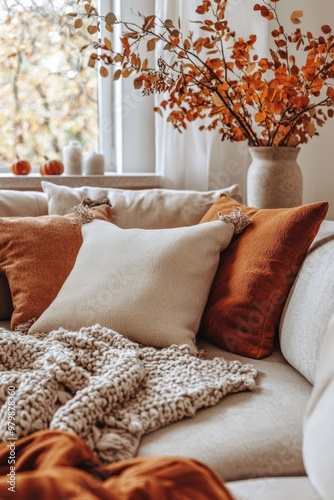 A cozy living room adorned with autumn decor and warm textiles