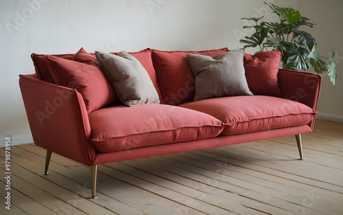 Modern Red Sofa on Metal Legs with Cushions Transparent Background Image