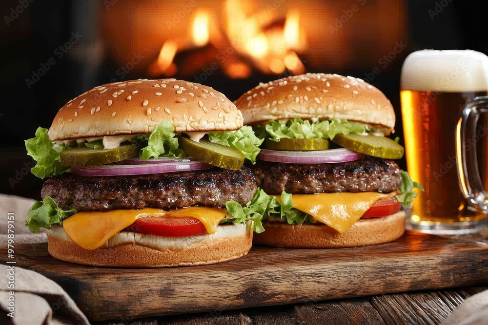 Fireside Feast A CloseUp of Juicy Burgers and Cold Beer Fireside Feast A CloseUp of Juicy Burgers and Cold Beer