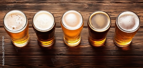 Five Beer Flight Tasting on Rustic Wood Table