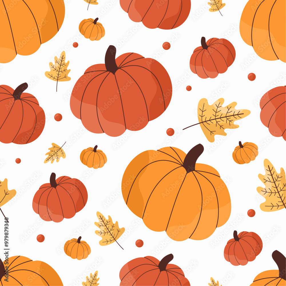 Cute autumn pumpkin pattern on white isolated background. Vector pumpkins in harvest flat style. For autumn decor, wallpaper, wrapping paper.