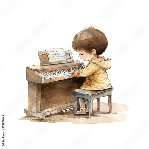 cute kid playing piano vector illustration in watercolor style