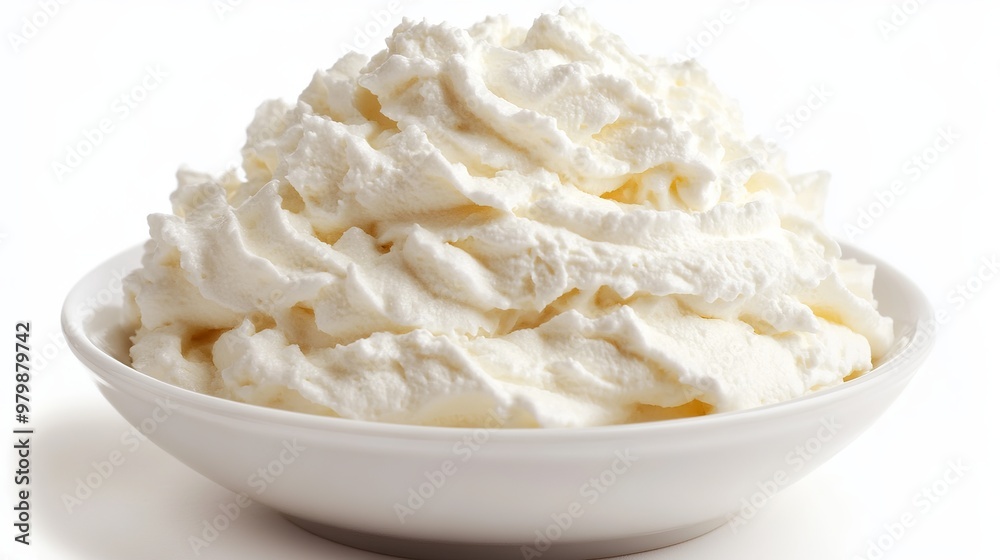A delectable bowl of whipped cream, a fluffy cloud of creamy delight, isolated against a pristine white background. Its ethereal texture, light and airy, promises a delightful treat A delectable bowl of whipped cream, a fluffy cloud of creamy delight, isolated against a pristine white background. Its ethereal texture, light and airy, promises a delightful treat