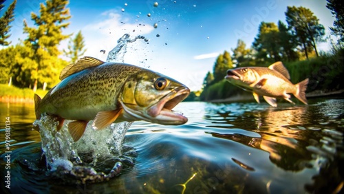 Trout leaping from the water while fishermen enjoy a day by the river. Generative AI