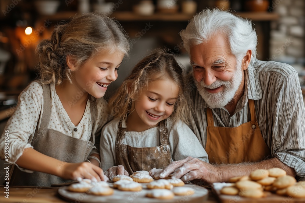 A heartwarming scene of an elderly man joyfully baking with his three young grandchildren in a warm, rustic kitchen. A heartwarming scene of an elderly man joyfully baking with his three young grandchildren in a warm, rustic kitchen.