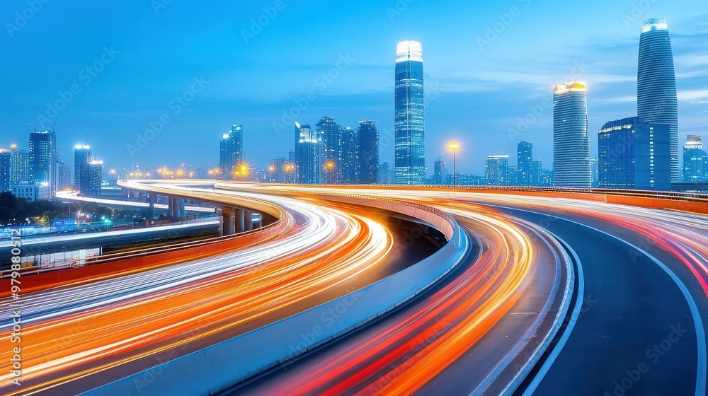 Fototapeta premium Illuminated Urban Symphony: Stunning Highway Interchange with Vibrant Light Trails and Cityscape at Night