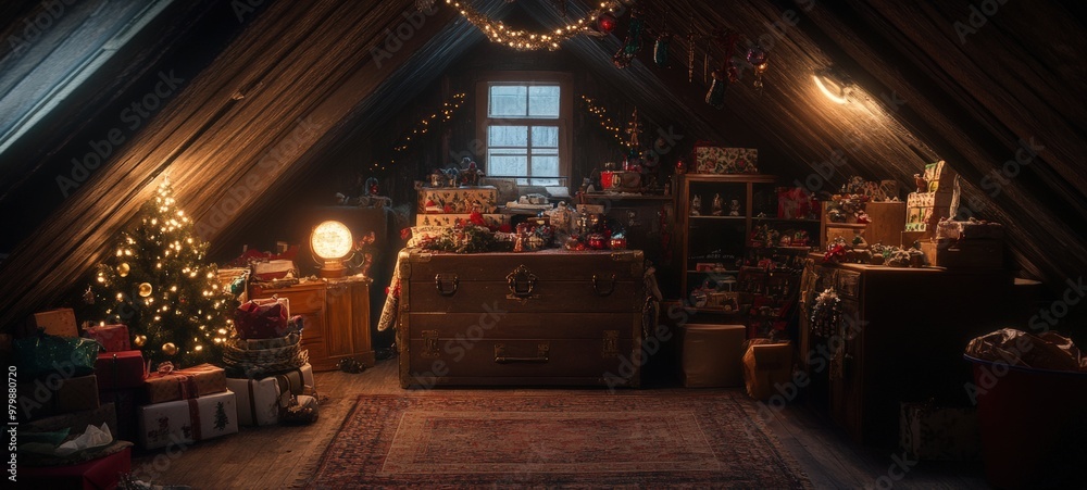 A Christmas-themed attic, with old holiday decorations A Christmas-themed attic, with old holiday decorations