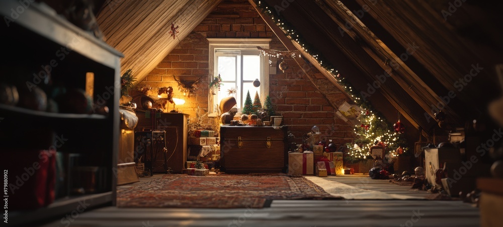 A Christmas-themed attic, with old holiday decorations