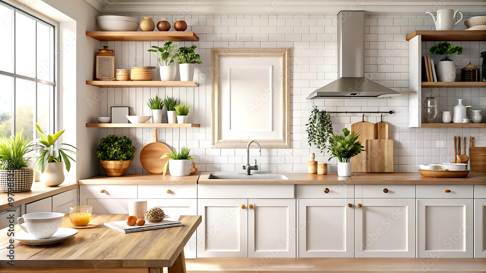 Frame mockup in kitchen interior background, Farmhouse style, 3d render, white Mock up frame Frame mockup in kitchen interior background, Farmhouse style, 3d render, white Mock up frame