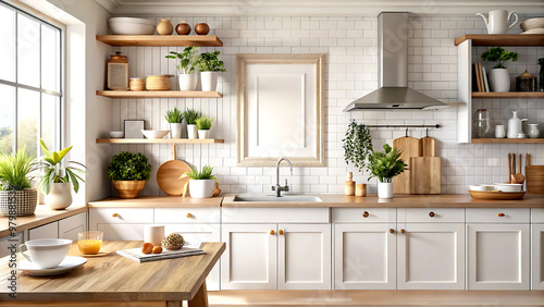 Frame mockup in kitchen interior background, Farmhouse style, 3d render, white Mock up frame