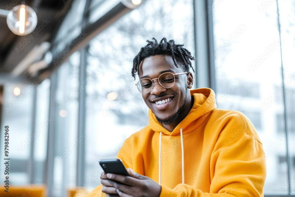 Smiling man in glasses, wearing orange hoodie, using smartphone, sitting in modern cafe, enjoying technology concept Smiling man in glasses, wearing orange hoodie, using smartphone, sitting in modern cafe, enjoying technology concept