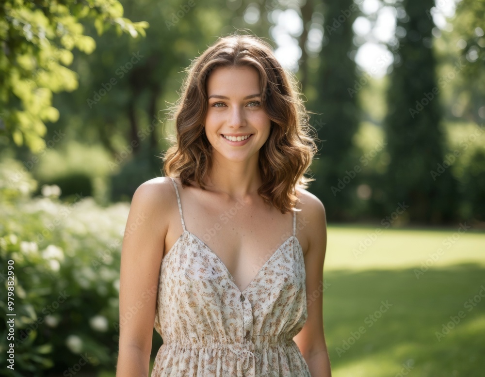Naklejka premium Smiling Woman in a Floral Dress