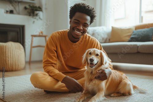 Wallpaper Mural Smiling man sitting on floor with golden retriever, cozy living room, pet companionship concept Torontodigital.ca