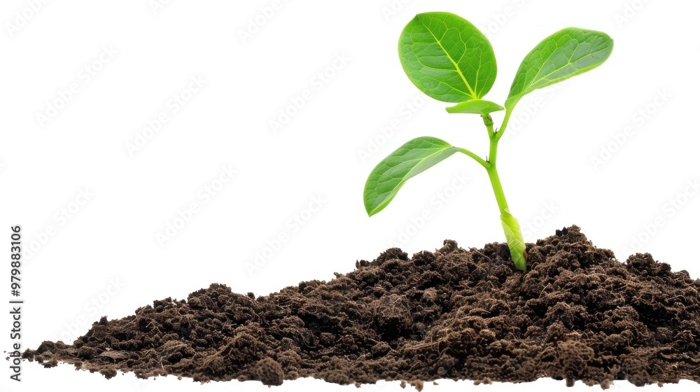 A small green plant is growing in a pile of dirt A small green plant is growing in a pile of dirt