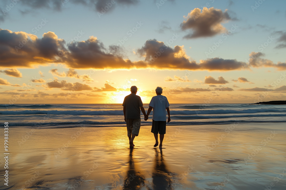 Fototapeta premium Happy elderly couple walking on a beach during sunset, holding hands, serene ocean backdrop, peaceful and romantic moment