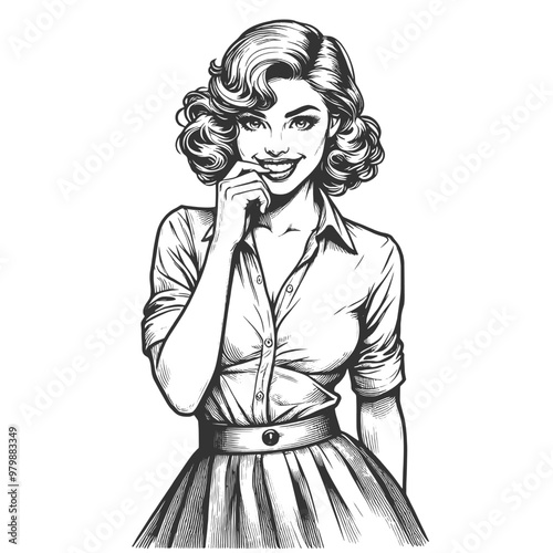 Playful smiling beautiful young woman flirty biting her finger sketch engraving generative ai fictional character vector illustration. Scratch board imitation. Black and white image.