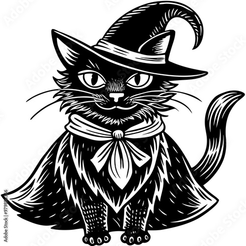 A black cat wearing a black hat and a black bandana. The cat is sitting on a white background