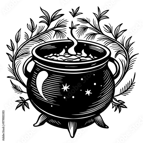 A black and white drawing of a large pot with a wreath of leaves surrounding it. The pot is filled with a dark liquid and has a spout. Concept of mystery and magic