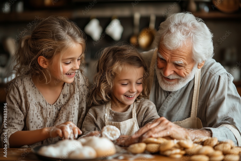 A heartwarming scene of a joyful grandfather baking Christmas cookies with his two young granddaughters. A heartwarming scene of a joyful grandfather baking Christmas cookies with his two young granddaughters.