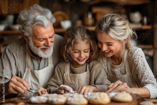 A heartwarming scene of an elderly man joyfully baking with his three young grandchildren in a warm, rustic kitchen. 