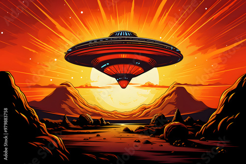 pop art style illustrated ufo starship flying on a different planet photo