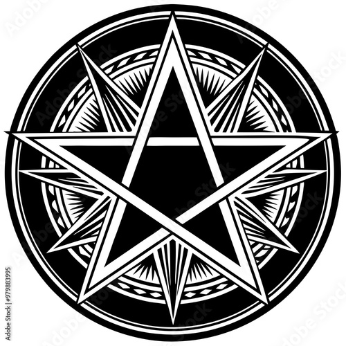 A black and white star with a black pentagram inside of it. The pentagram is surrounded by a circle