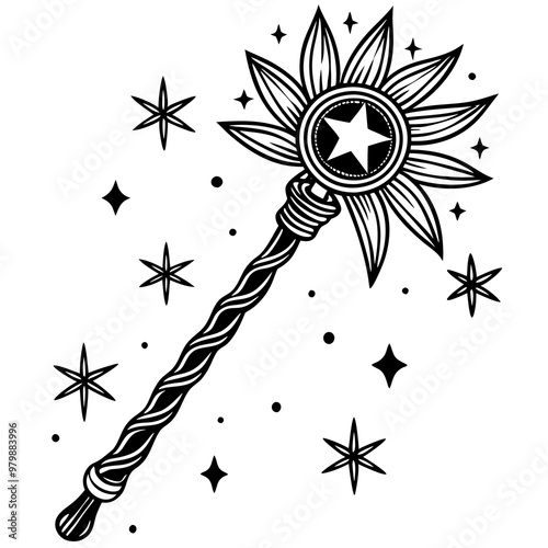 A black and white drawing of a wand with a star on it. The wand is surrounded by stars and has a flower on the end